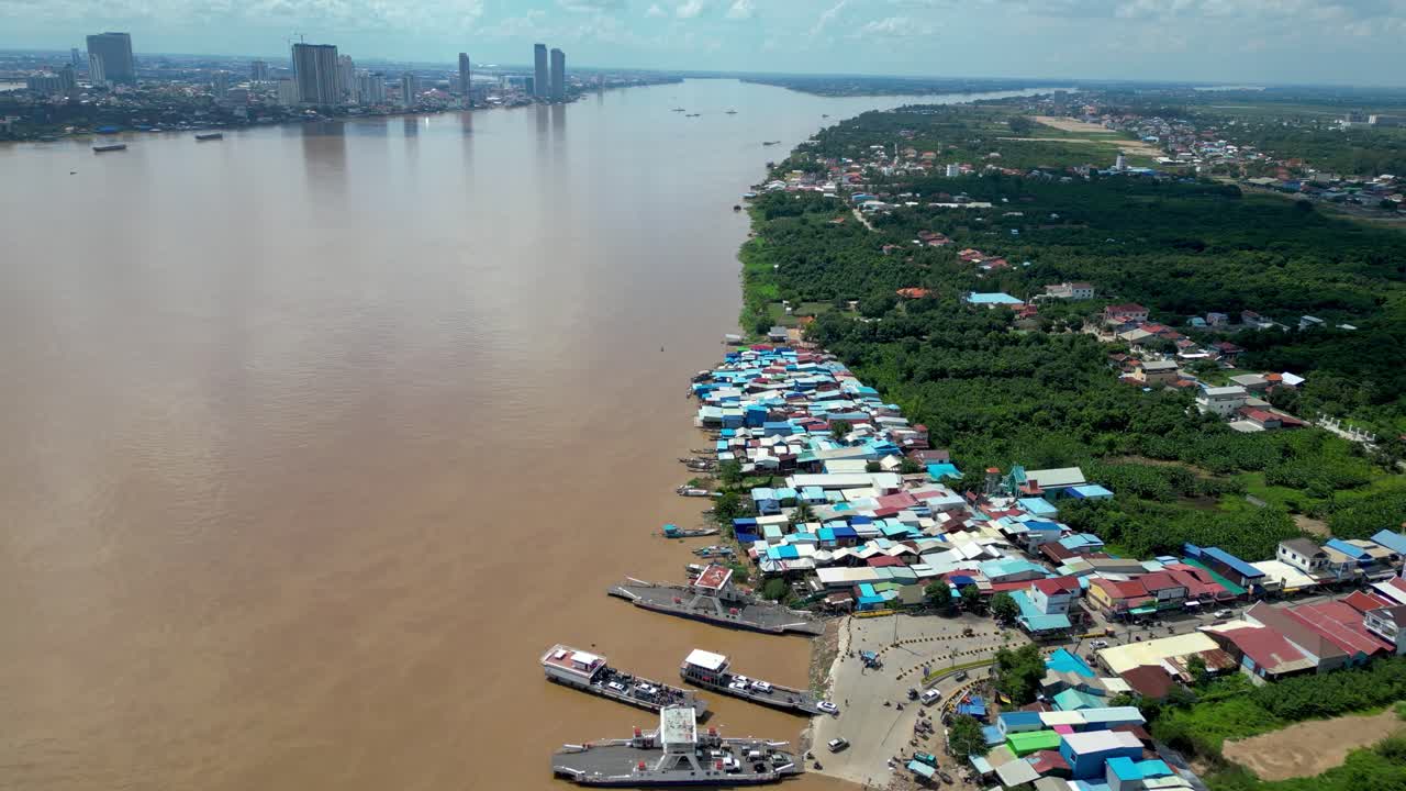 Kandal province community Cambodia village Mekong river Phnom Penh, aerial