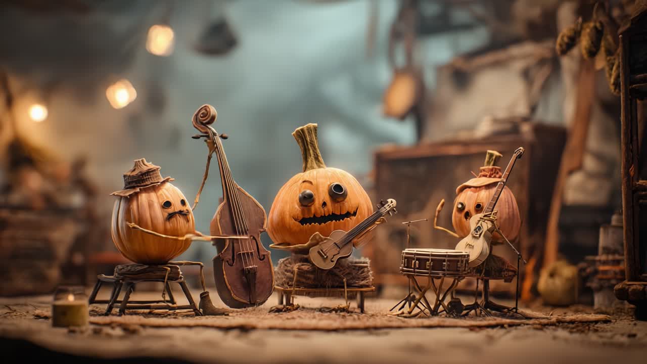A Charming Ensemble of Pumpkin Musicians Captured in a Whimsical Setting, Showcasing Their Joyful Performance Amidst Playful Decor and Soft Lighting