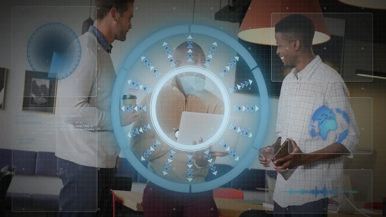 Loop starting, circular HUD spinning over office meeting, syncing glow disc and arrows guiding team