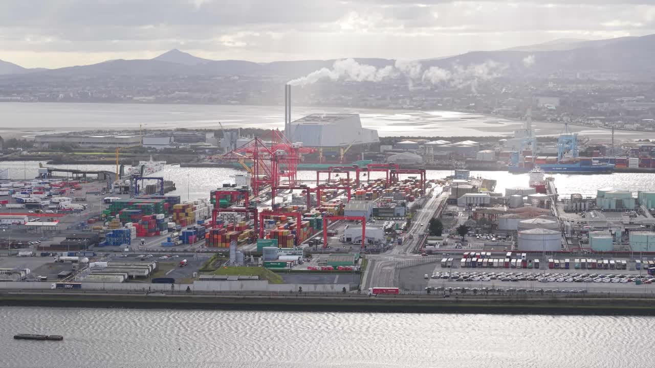 Seaport And Terminals Of Dublin Port On The Island Of Ireland. Aerial Drone Shot