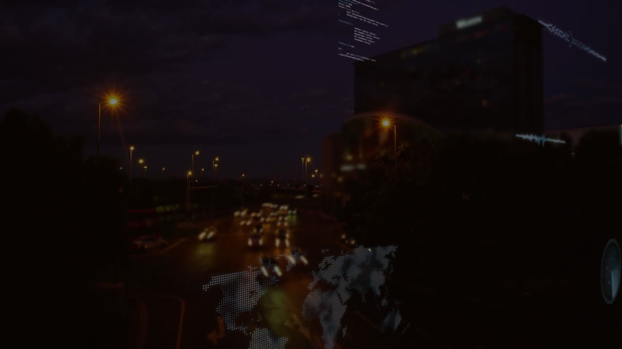 Animatie van statistische gegevensverwerking tegen een time-lapse van stadsverkeer 's nachts