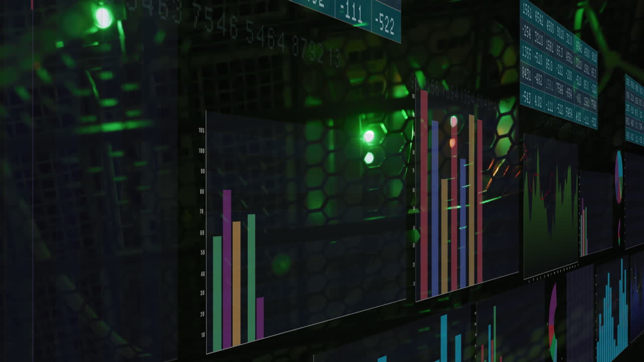 animación del procesamiento de datos estadísticos frente al primer plano de un servidor informático.