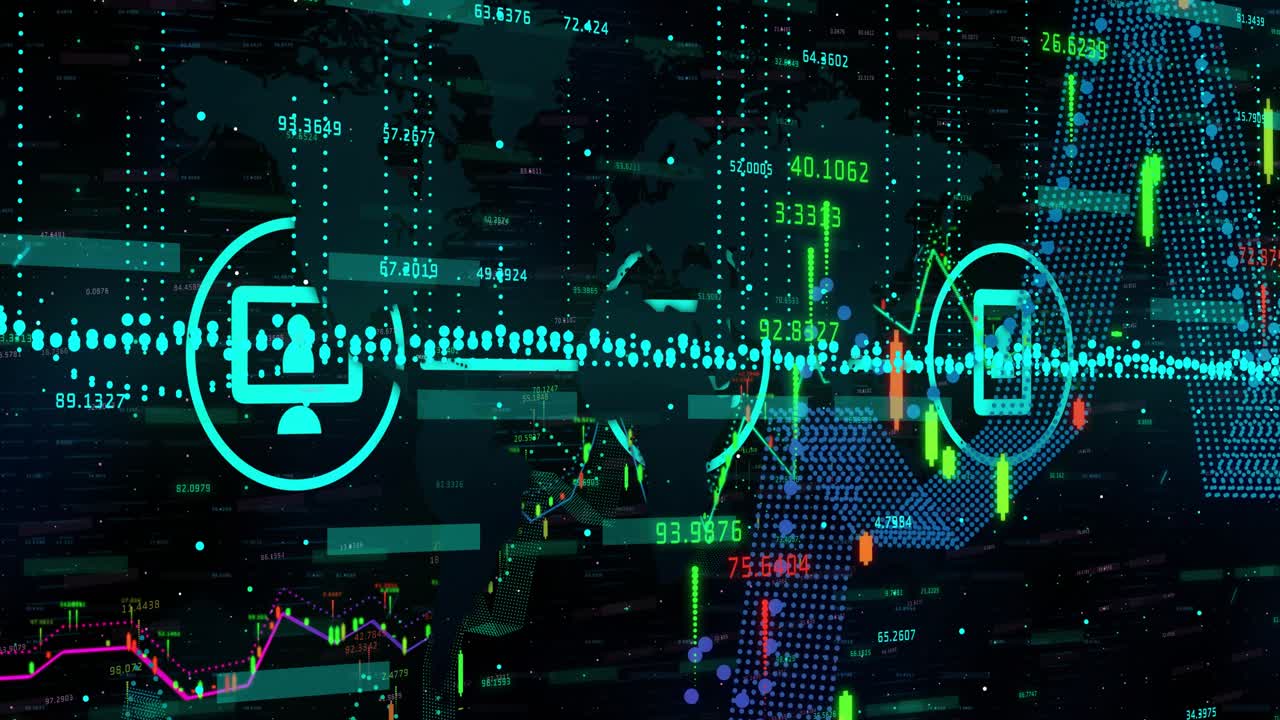 Initiated by monitor icon fading, icons appearing, data waves rising bars grouping showing trends