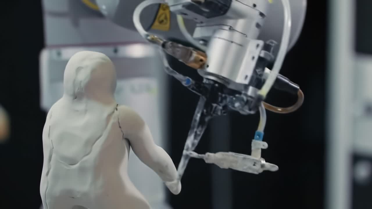 Advanced Robotic Arm Performing Intricate Movements with a Sculptural Figure in a State-of-the-Art Laboratory Setting, Showcasing Precision and Articulated Design