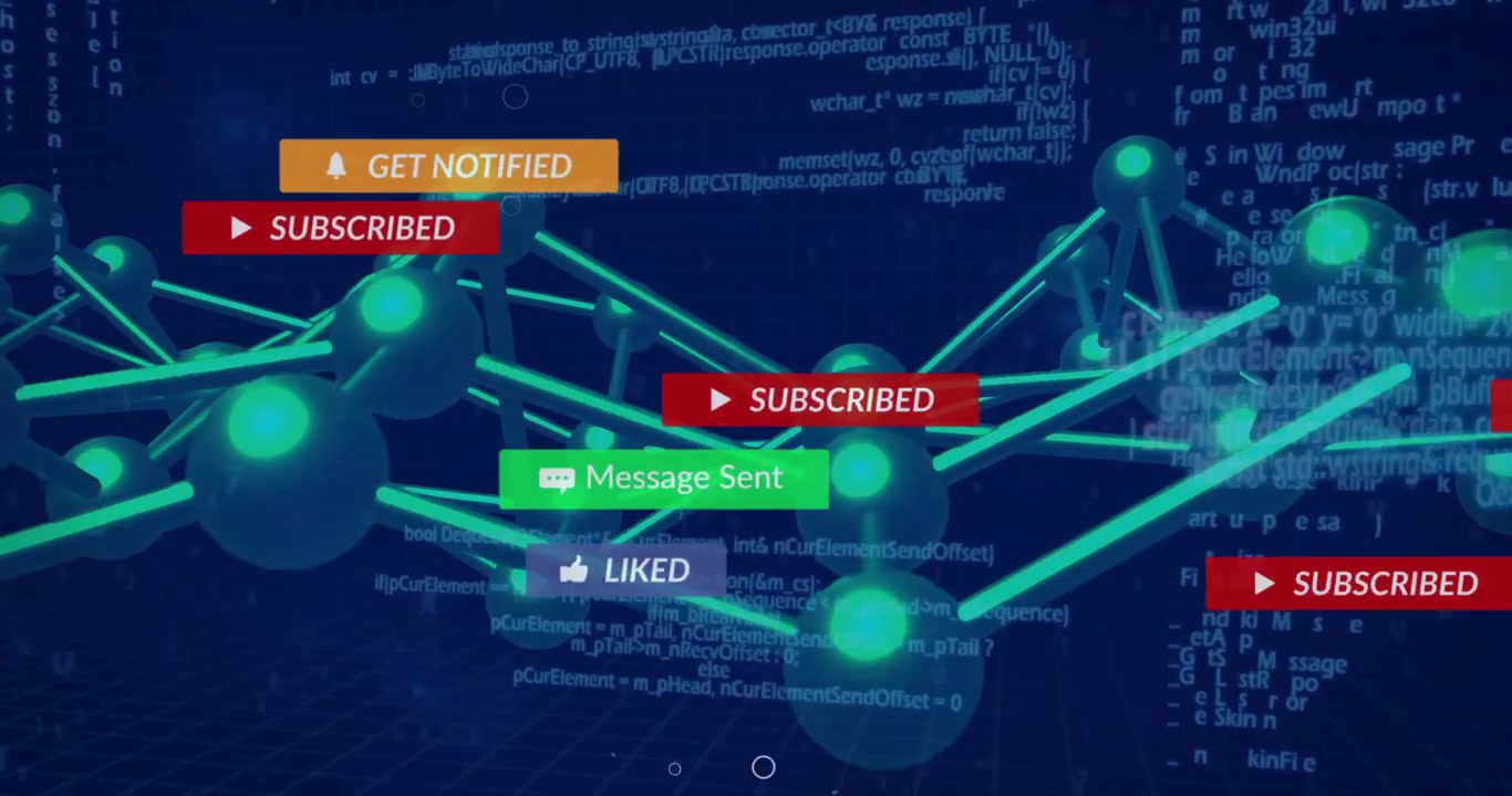 After rotating network with code UI fading subscribe clicking stacking overlays showing engagement