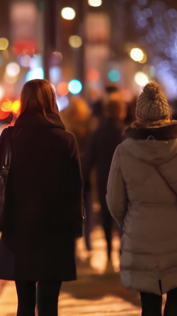 Due donne che camminano per le vie di una città di notte, circondate da luci sfocate e un'atmosfera affollata, che mette in risalto la vita urbana e le uscite serali