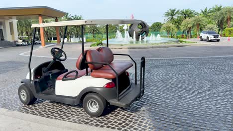 golf cart parked near fountain and palm trees