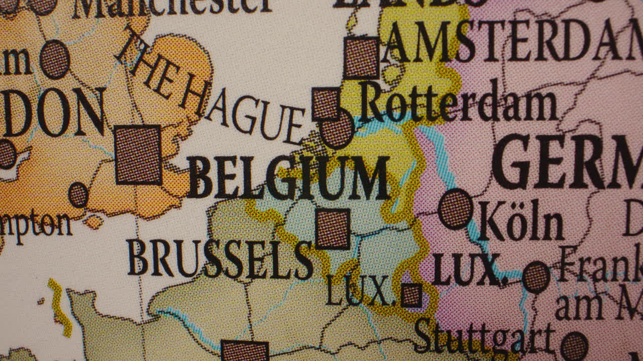Close-up view of a map showing Belgium, Netherlands, and Luxembourg