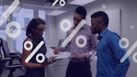animation of statistics and data processing over diverse business people in office