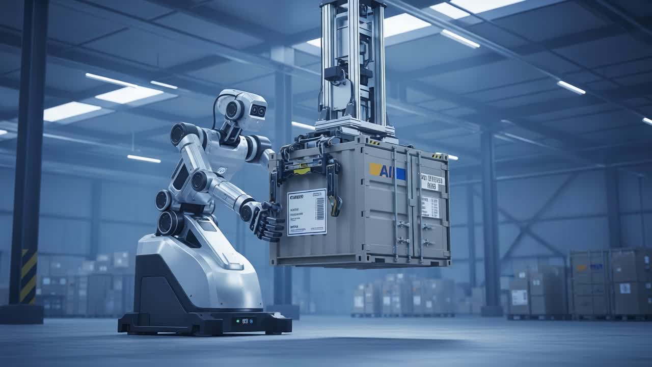 Advanced Robotic Arm Handling Cargo with Precision in High-Tech Warehouse Setting, Showcasing Automation and Efficiency in Modern Logistics Operations.