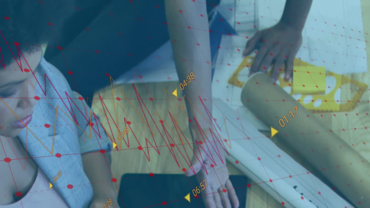 Animation of graphs and numbers over african american businesswoman's hands explaining over tablet