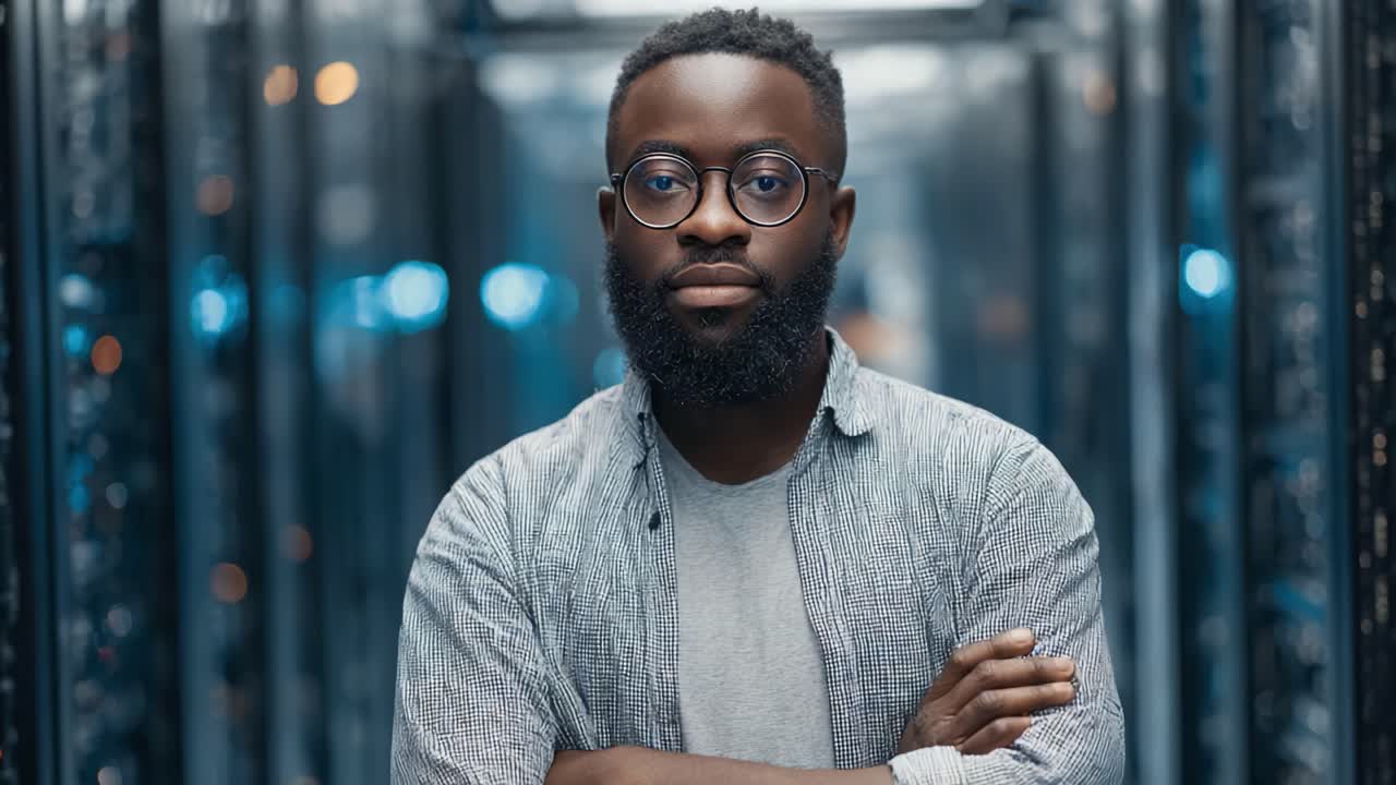 Portrait of a Confident Individual with Glasses and Beard, Standing in a High-Tech Environment Surrounded by Modern Equipment and LED Lights