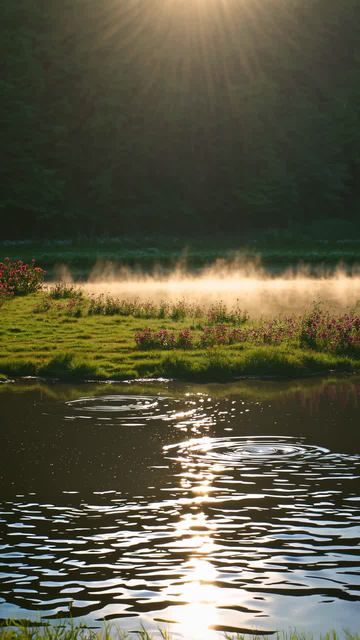 Serene sunrise video scene with mist over a tranquil lake, captured from a low angle