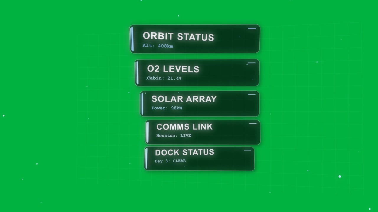 Moving orbit markers causing HUD sliding in, centering, showing status on transparent teal backdrop