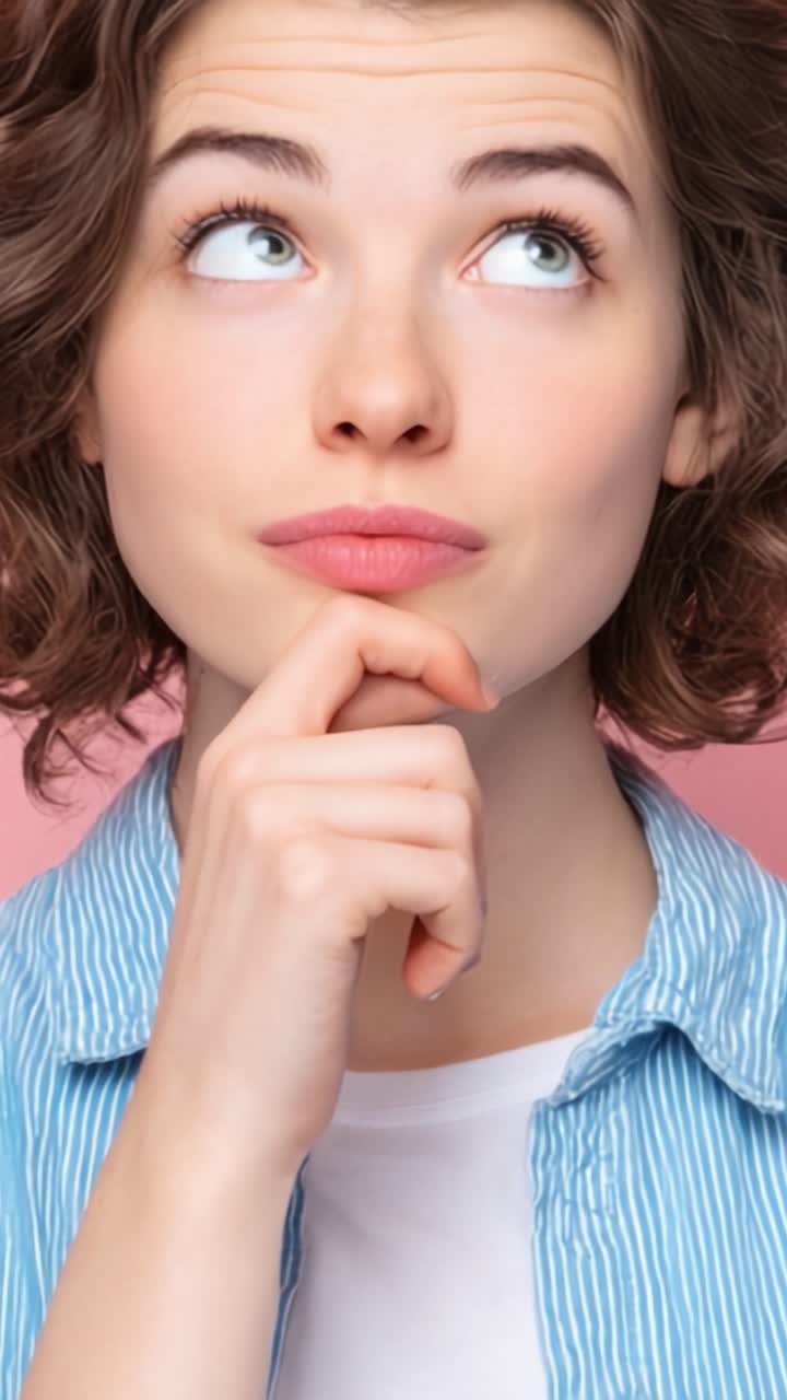 A Young Woman in Thoughtful Contemplation, Wondering and Pondering Over Decisions with a Playful Expression Against a Soft Pink Background