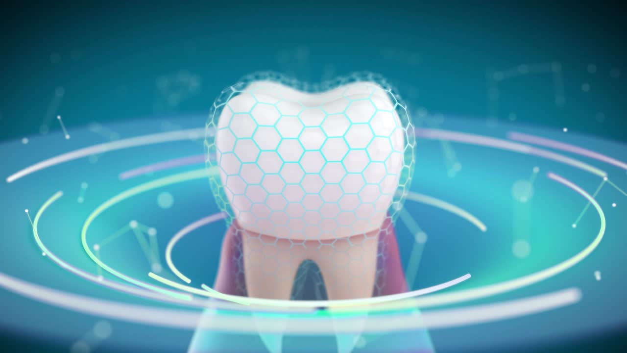 A tooth with a gingiva shown in a conceptual space, protected by an invisible hexagon mesh.