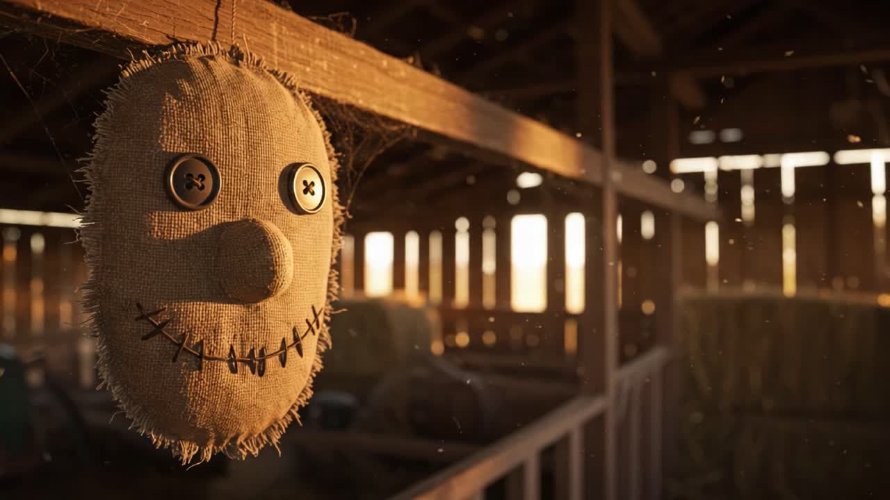 A hauntingly charming scarecrow mask hangs in a rustic barn bathed in golden sunlight, casting an eerie yet captivating atmosphere that invites viewers to explore its intriguing depths