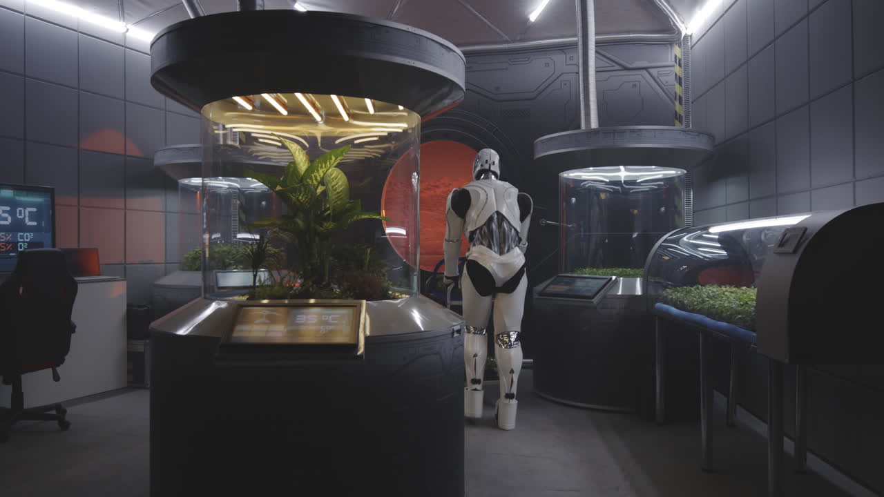 robot cultivando plantas en un invernadero de la estación espacial
