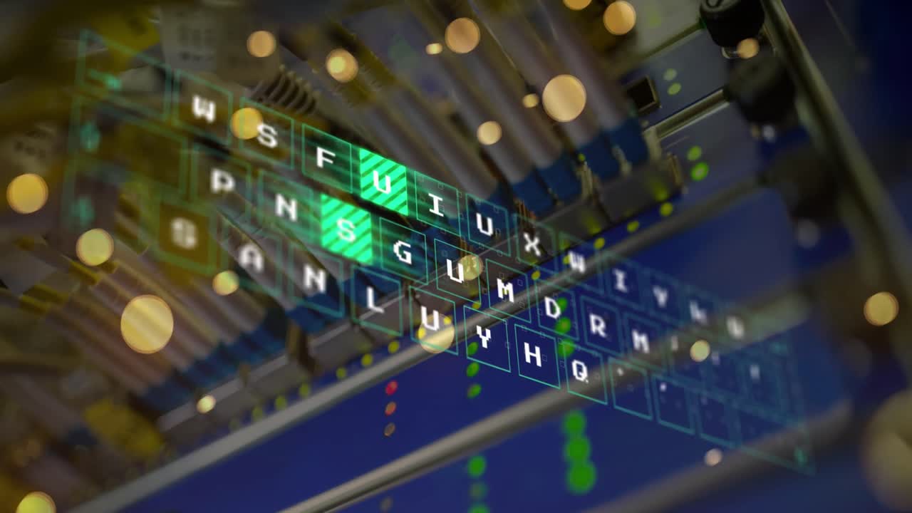 animación de patrón iluminado que se mueve en letras y llamaradas de lente a través de cables conectados al módem