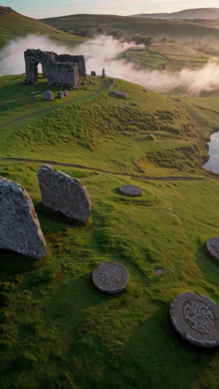 Aerial view of ancient stone ruins on a misty green hilltop, capturing a mystical atmosphere