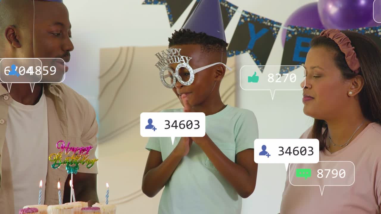 Child preparing birthday wish as parents bringing cake, social media reactions pulsing around group