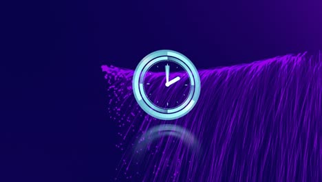 Animation-of-clock-over-purple-trails-on-dark-blue-background