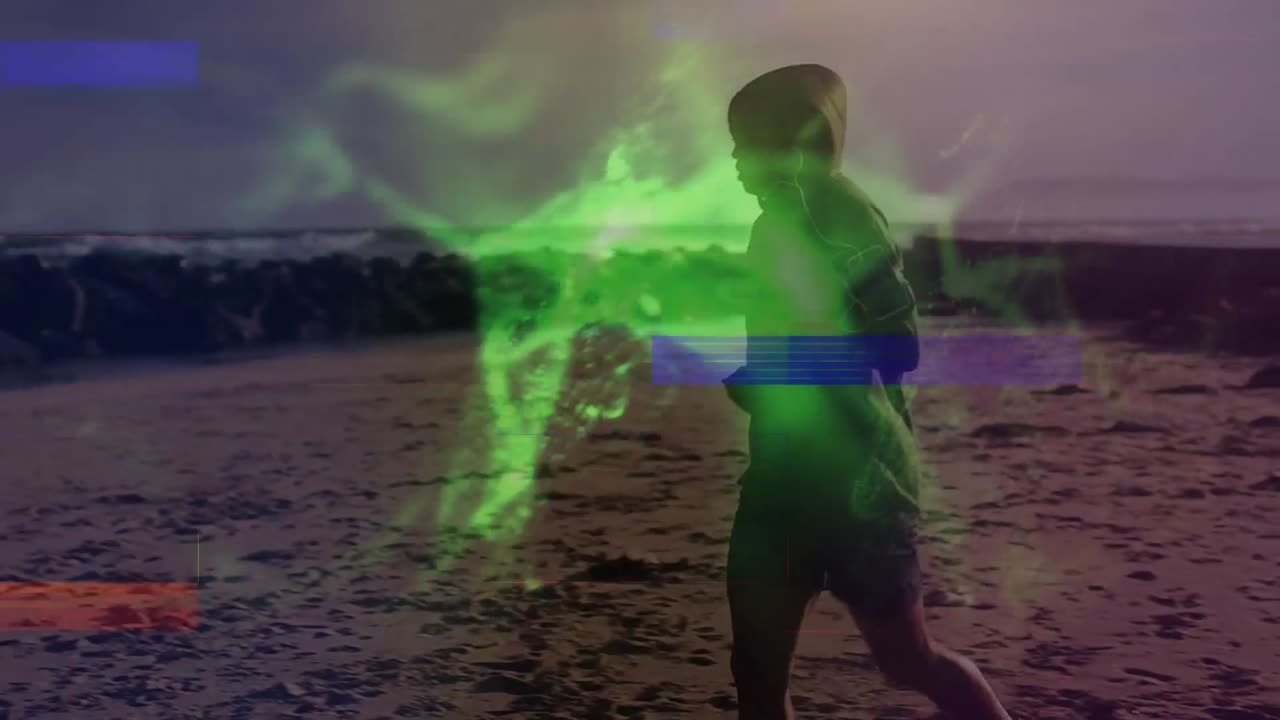 animación de cadenas de adn girando y rectángulos coloridos sobre un hombre afroamericano corriendo