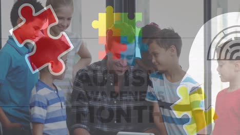 Animation-of-colourful-puzzle-pieces-and-autism-text-over-kids-and-man-using-electronic-devices