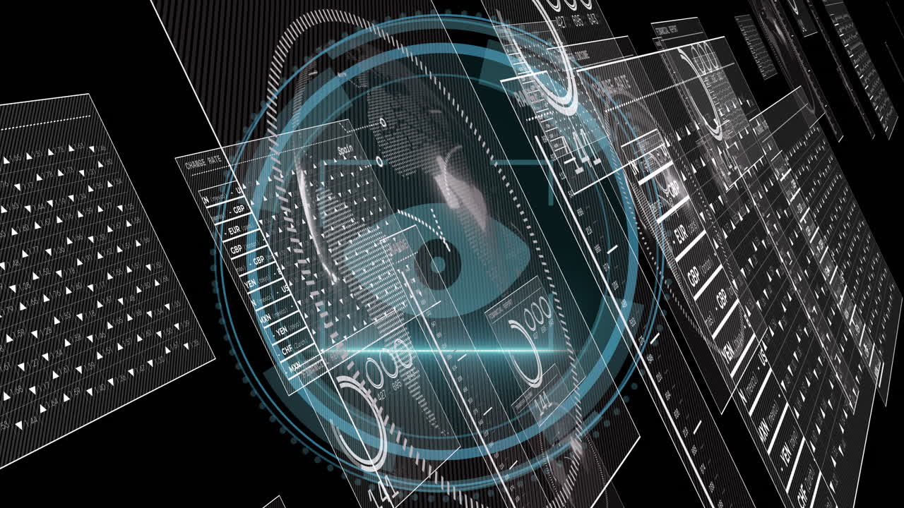 Animation of digital interface with holographic elements and data charts in school