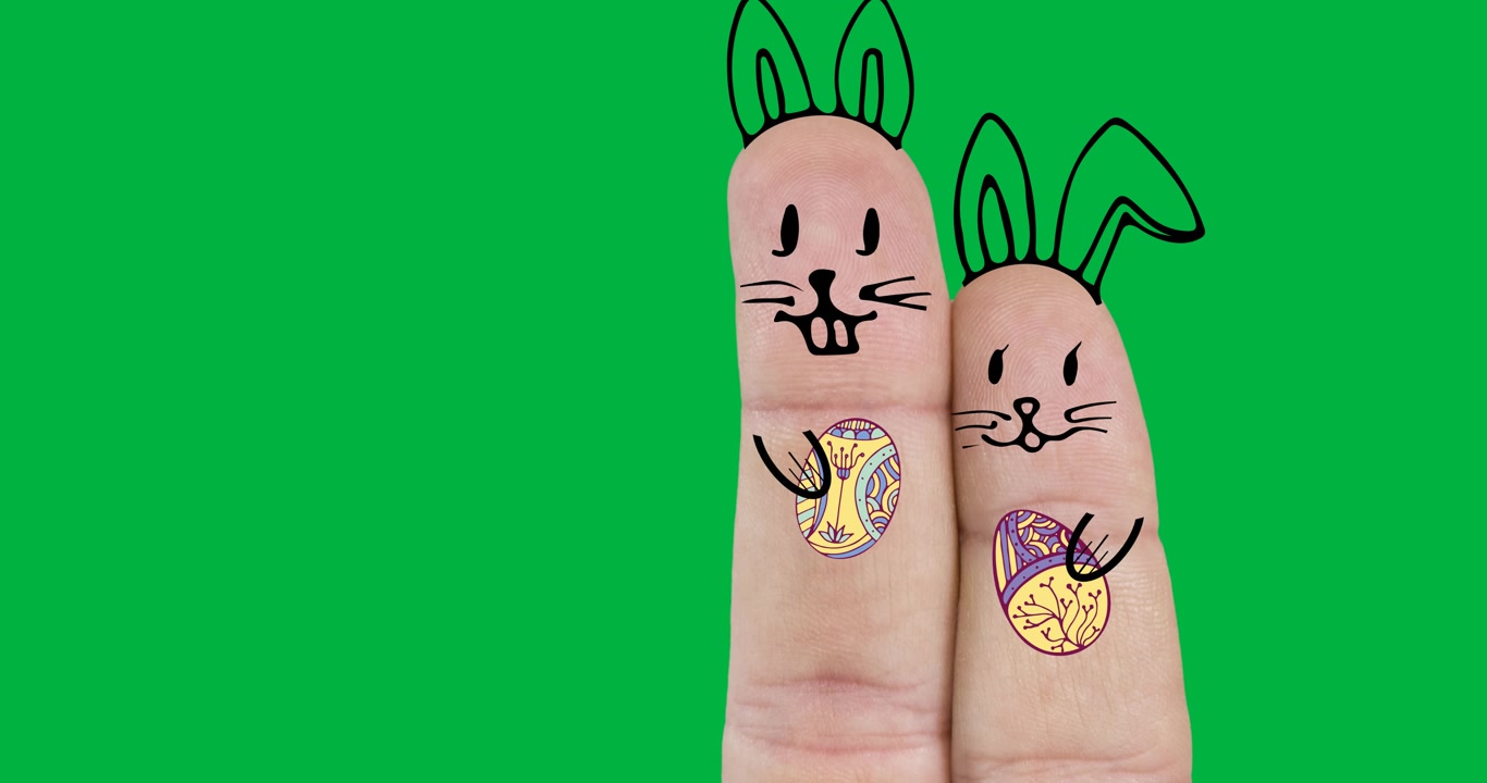Coniglietti pasquali in stile cartone animato che tengono uova di Pasqua, posizionati sugli indici, su sfondo trasparente