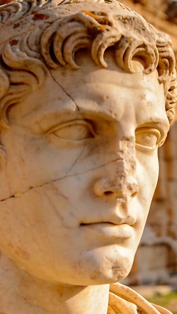 Vídeo vertical: Início de zoom sutil, câmera enquadrando busto de mármore em sítio antigo, revelando drapeado.