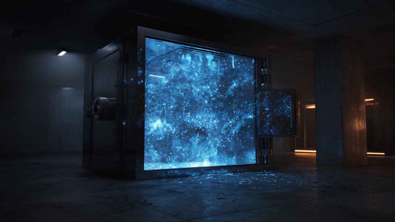 Cryogenic chamber with an open door releasing freezing blue vapor and ice crystals inside a dark, futuristic scientific facility, creating a mysterious and cold atmosphere for an experiment