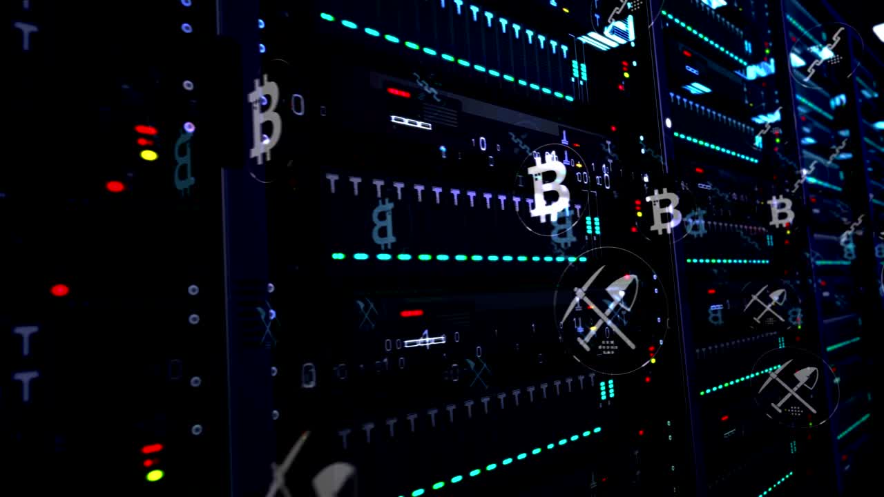sala de servidores con animación de bucle de minería de bitcoin
