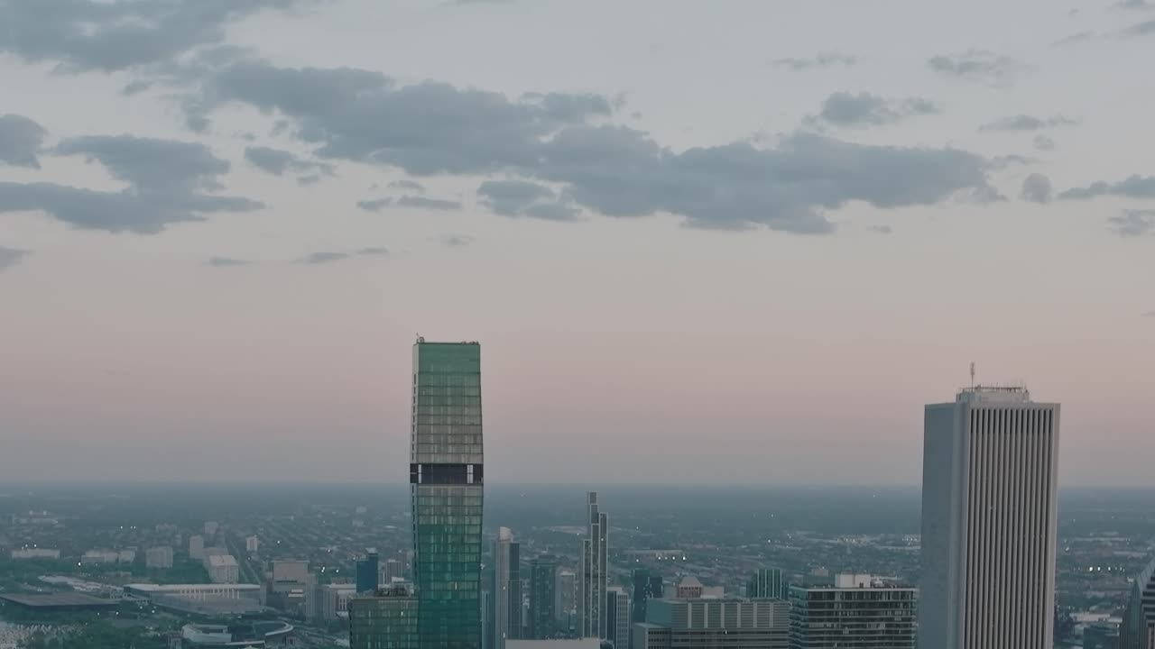 Aerial view of Chicago skyline during twilight