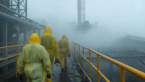 people in hazmat suits walking in fog near a chemical plant