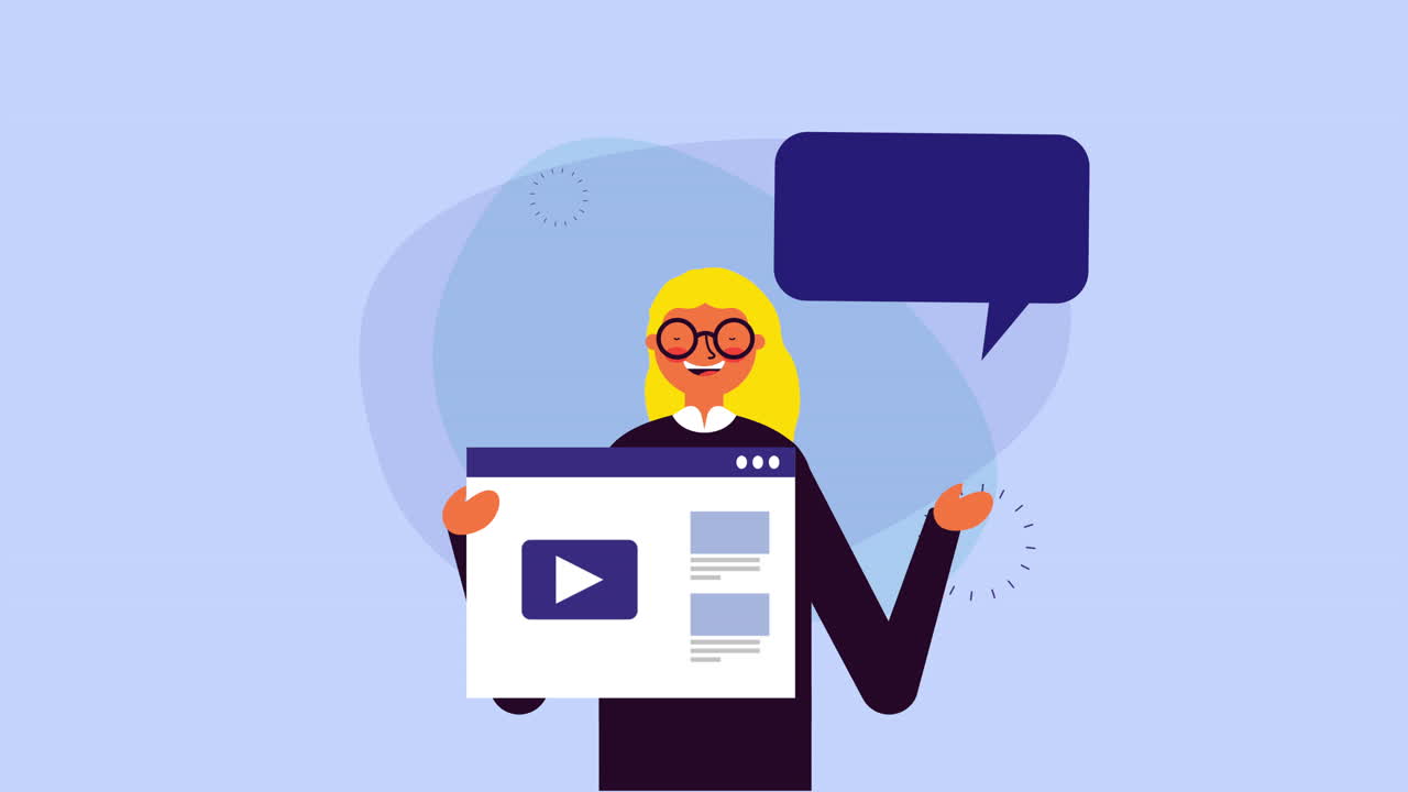 joven mujer de negocios con burbuja de habla y página web de plantilla