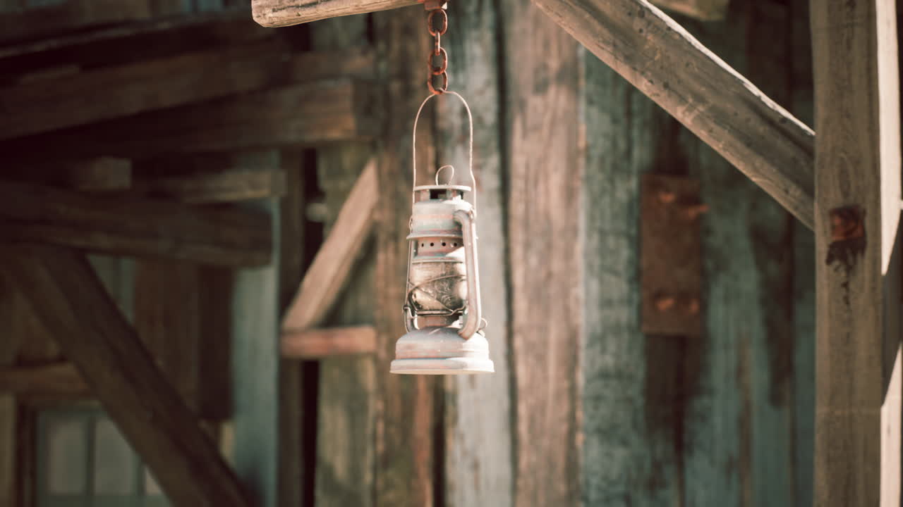 Vintage hanging lantern on wooden post in rustic setting during daylight
