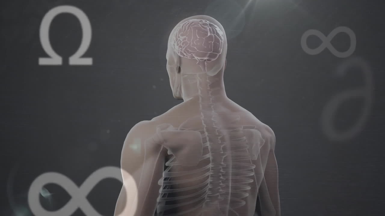 Animation of mathematical symbols over spinning digital human