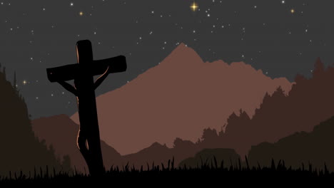 christian cross against landscape with mountains at night