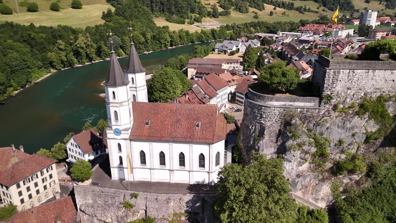 Drone over Aarburg medieval castle 12th century fortification landmark Switzerland aerial