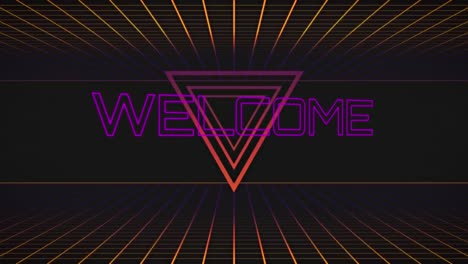 animation of welcome text over interference and neon triangels on black background