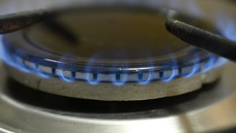 close-up of burning gas burner on home kitchen cooktop