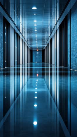 long corridor with reflective blue floors and serene lighting effects