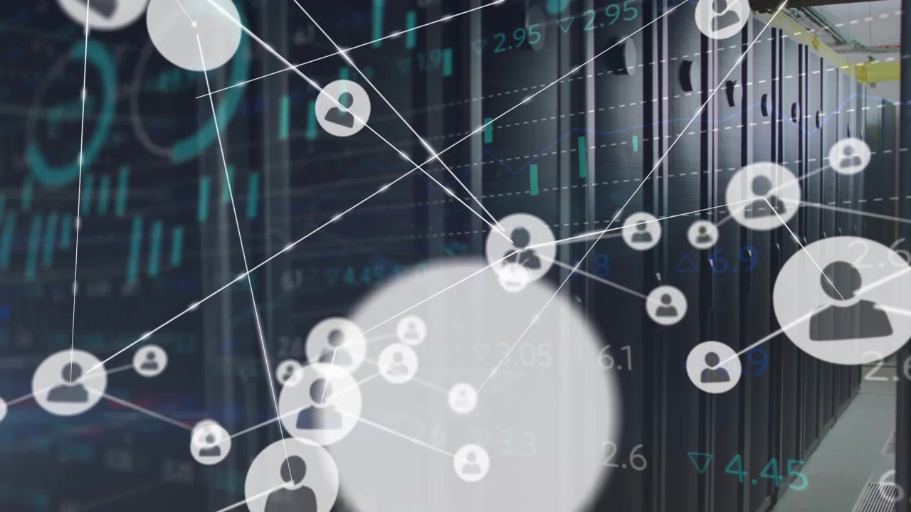 Animation of connected icons over graphs, trading board against sever room in background