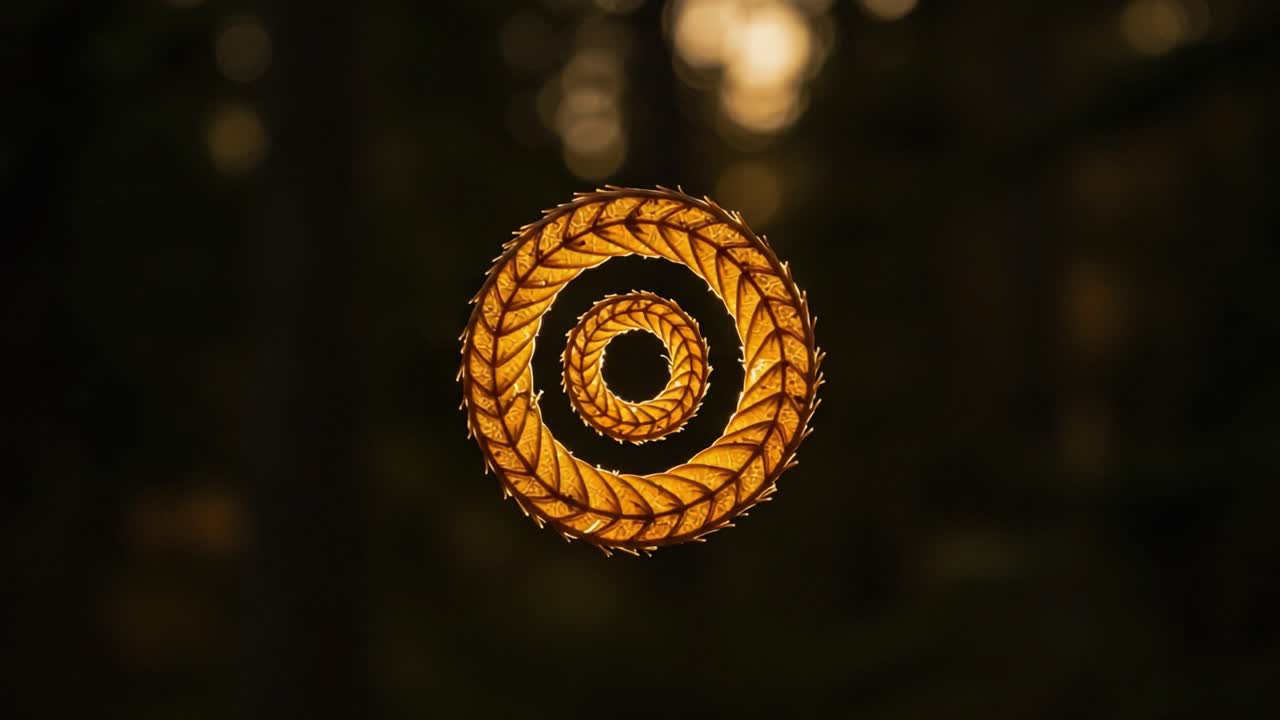 Intricate Spiral of Golden Leaves Captured Against a Softly Blurred Forest Background, Highlighting Nature's Perfect Geometry and the Beauty of Organic Patterns