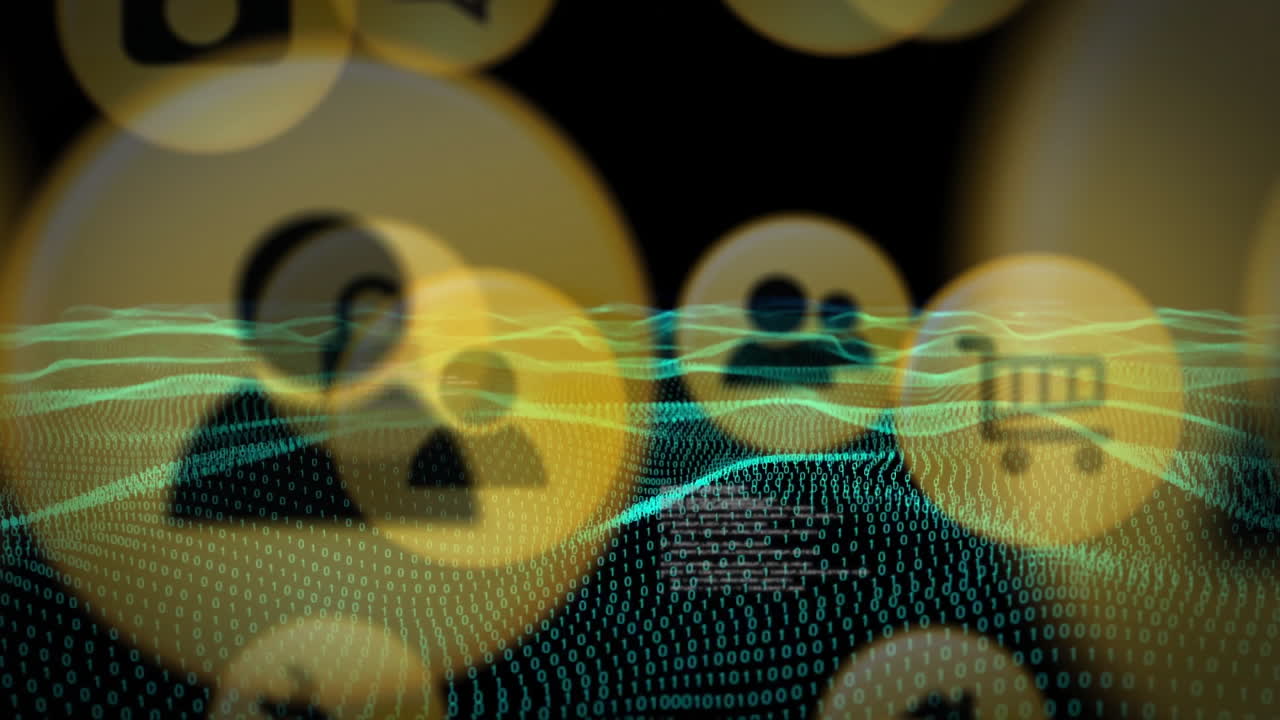 소셜 미디어 아이콘에 대한 이진 코드 및 디지털 파동 애니메이션