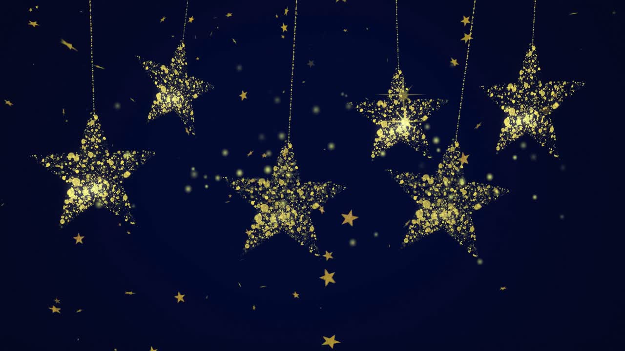Animazione di stelle dorate fluttuanti e decorazioni natalizie a forma di stella appese su sfondo nero.