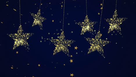 Animation-of-floating-gold-stars-and-hanging-star-christmas-decorations-on-black-background