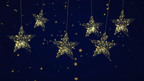 animación de estrellas doradas flotantes y decoraciones navideñas de estrellas colgantes sobre fondo negro.
