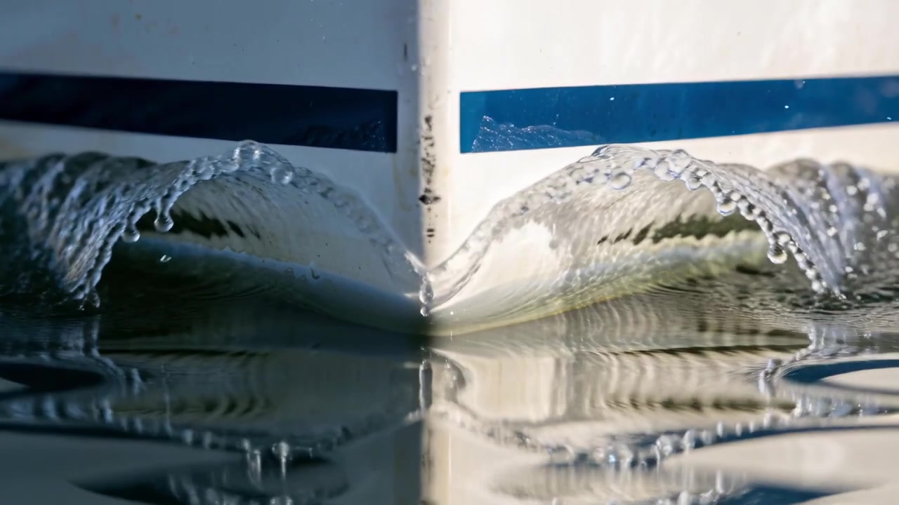 Moving white hull with two blue stripes displacing water at waterline, forming symmetric bow waves